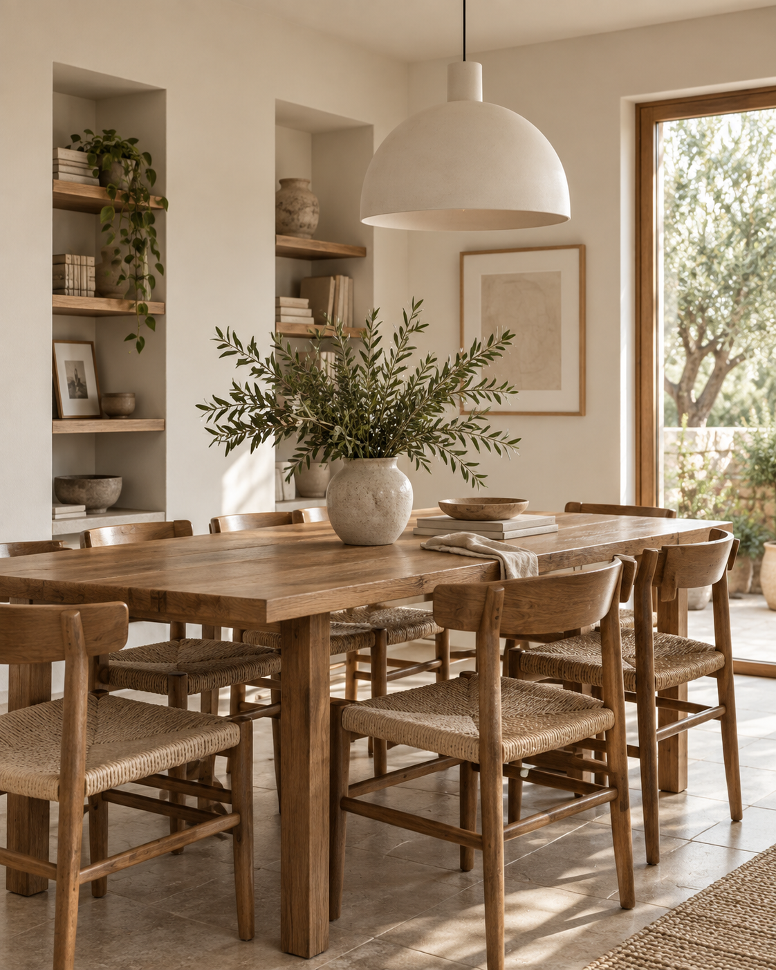 Comedor cálido de madera con ramas de olivo y luz natural