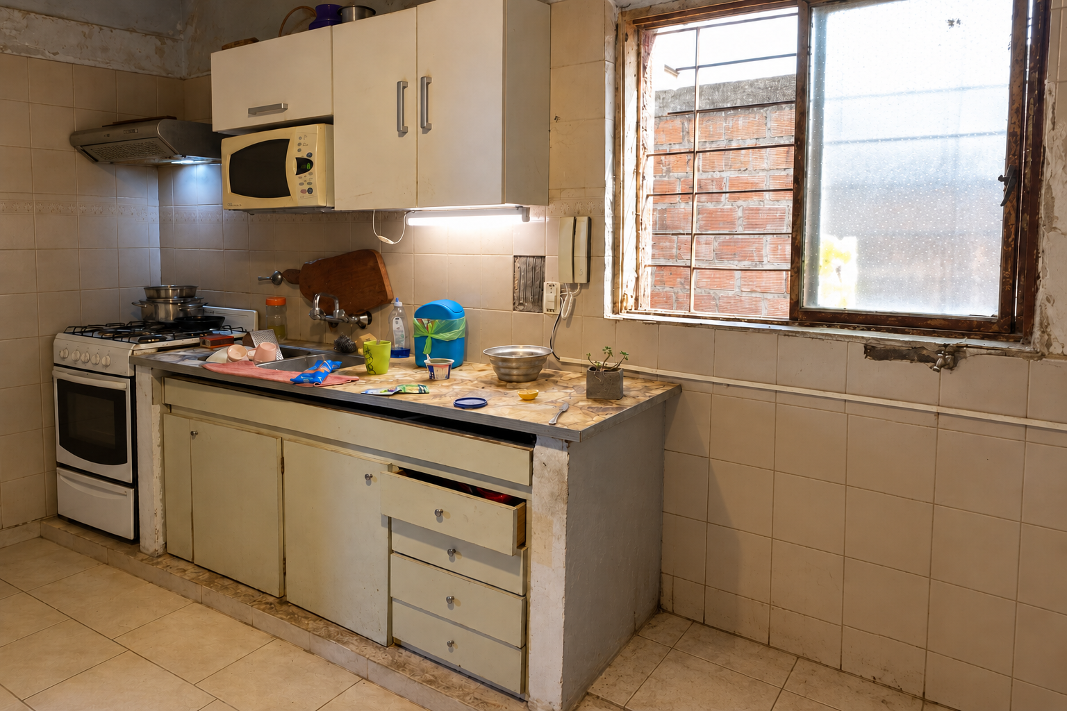 Cocina antes: muebles desgastados, mesada con objetos y ventana con marco deteriorado