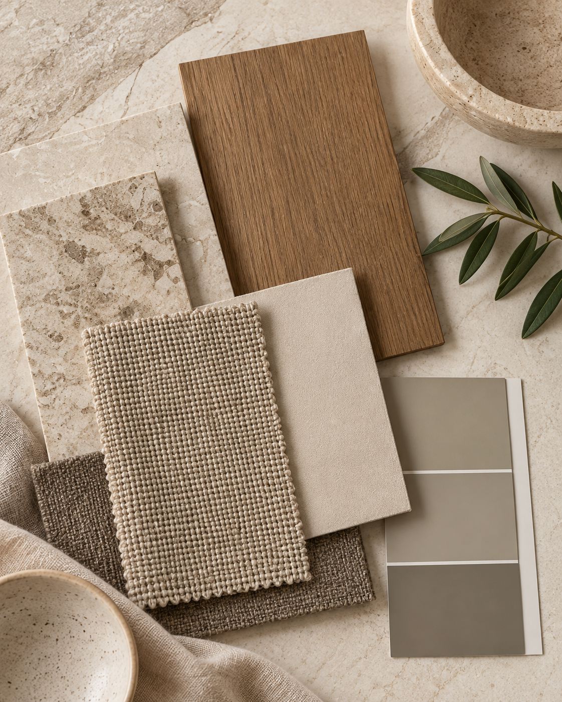 Tablero de materiales naturales, textiles y paleta de tonos neutros