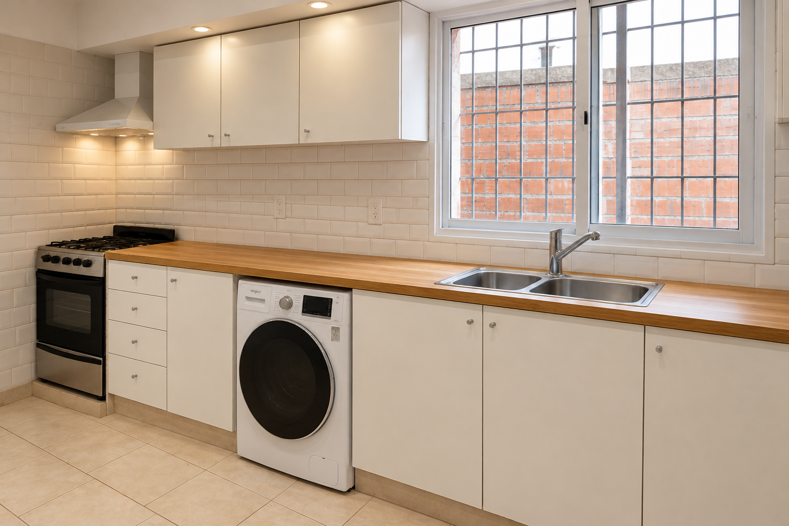 Cocina después: muebles blancos, mesada de madera, azulejos blancos y luz cálida bajo alacenas