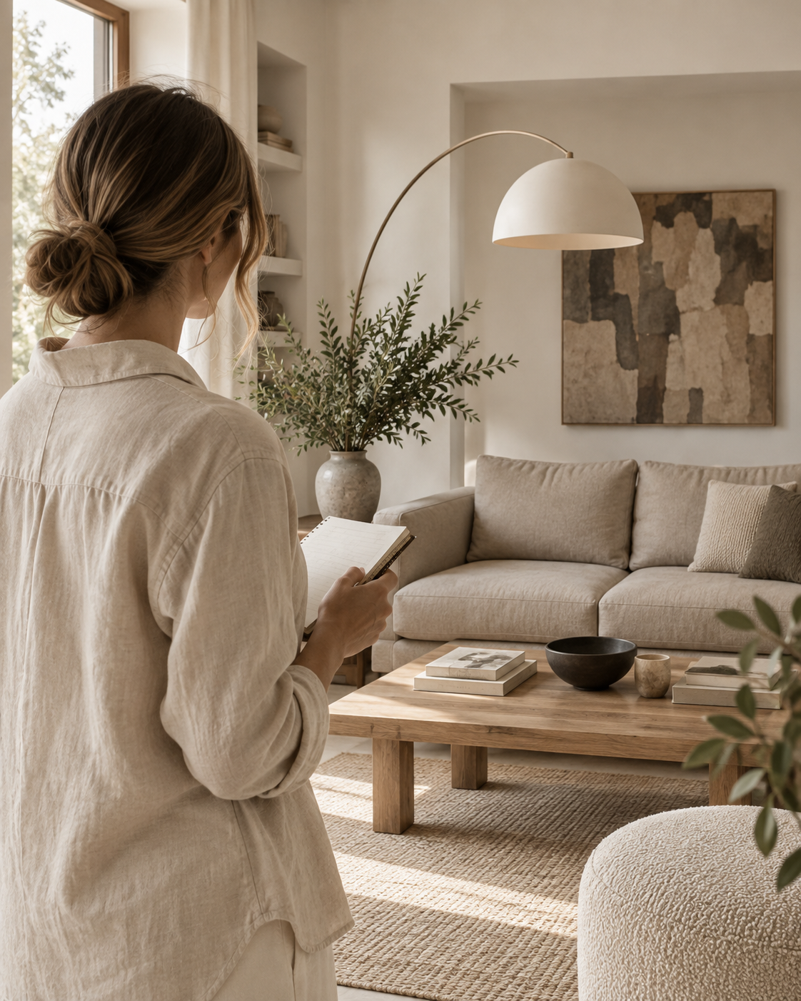 Mujer observando y tomando notas en un living cálido y minimalista